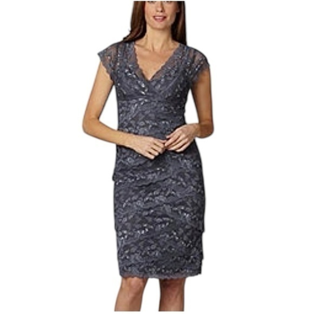 MARINA Tiered Lace Beaded Sequin Formal Cocktail Dress Gray Stretch Body…